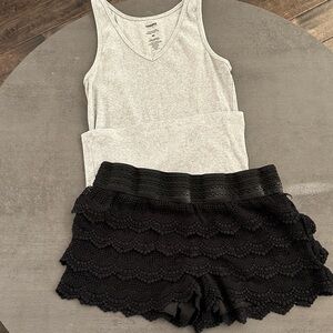 Gray V-neck Tank with Black Crochet Ruffle Shorts